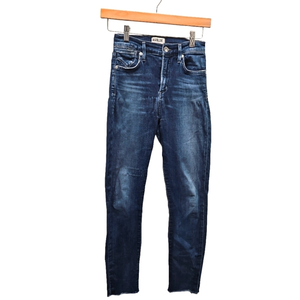0043 AGOLDE High Rise Raw Hem Crop Skinny‎ Denim Jean Size 24 Dark Wash